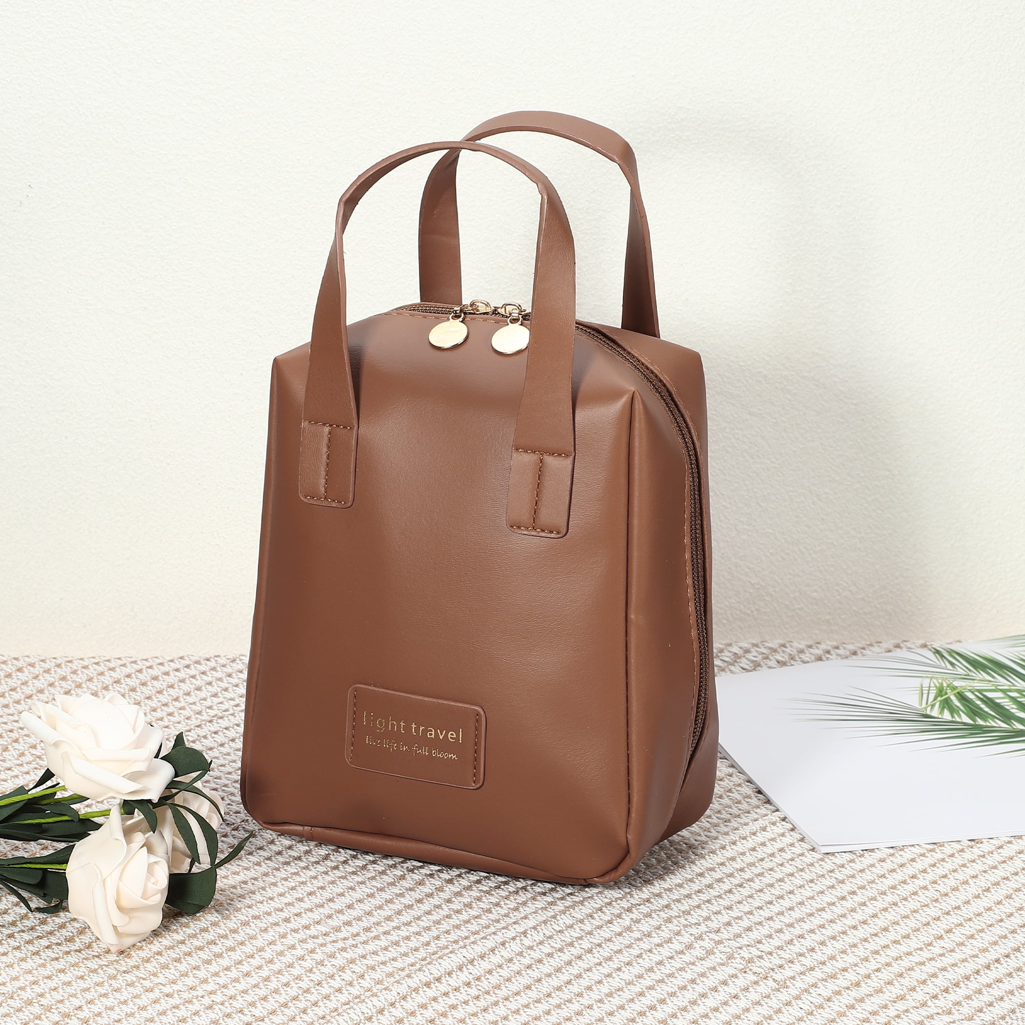 Unique Bargains Portable Makeup Bag Large Capacity Travel Makeup Pouch with Handle Brown