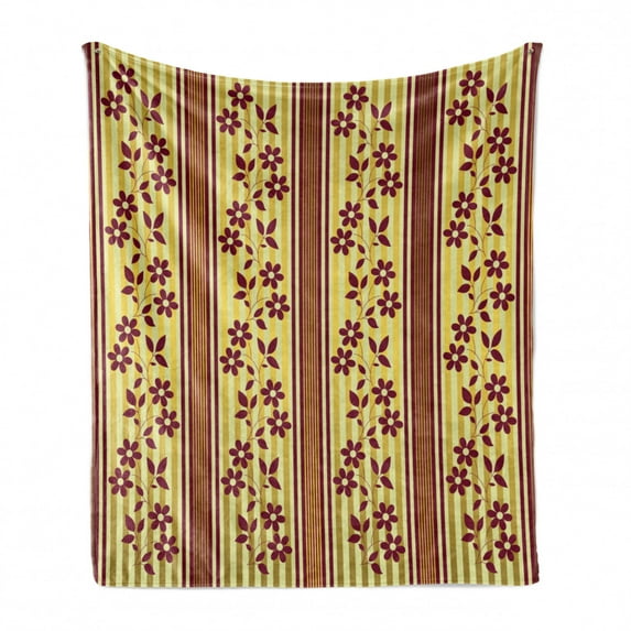 Floral Soft Flannel Fleece Blanket, Red Flourishing Spring Flowers on Vertical Striped Background Romantic Artwork, Cozy Plush for Indoor and Outdoor Use, 70" x 90", Burgundy Yellow, by Ambesonne