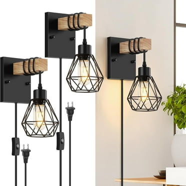 Plug in Wall Sconces Set of 2 Wood Light Fixtures Industrial Farmhouse Wall Lamps with 5.25FT on/off Switch Cord for Bedroom Living Room