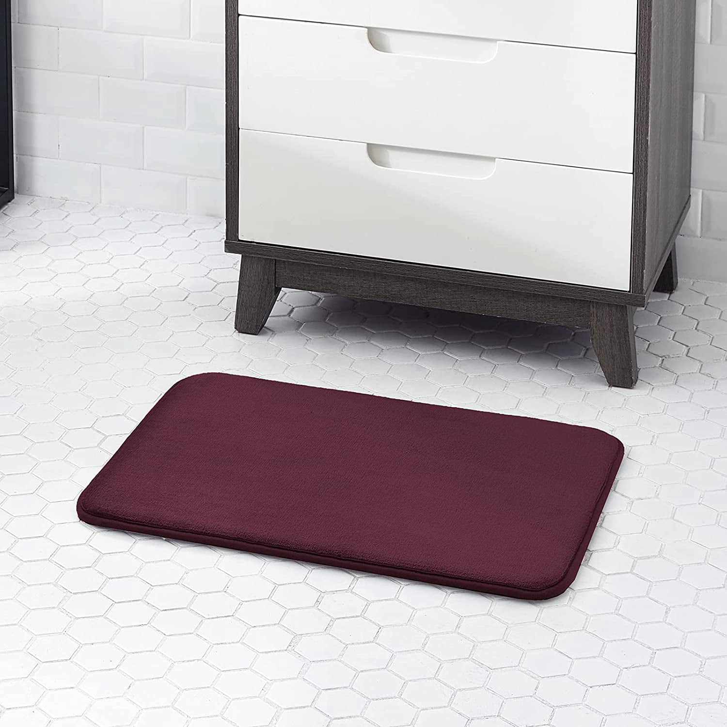 Extra Thick Memory Foam Bath Rug (17x24 Burgundy) Non Slip Absorbent Super Cozy Velvet Bathroom Mat, Luxury Soft Plush Small Carpet for Bath Room Shower Floor Tub, Machine Wash Dry