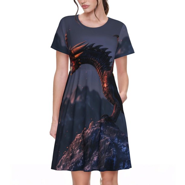 Easygdp Fire Breathing Dragon Twilight para Vestido Transpirable de Mujer, Vestido Suelto de Manga Corta con Pliegues y Bolsillos para el Verano