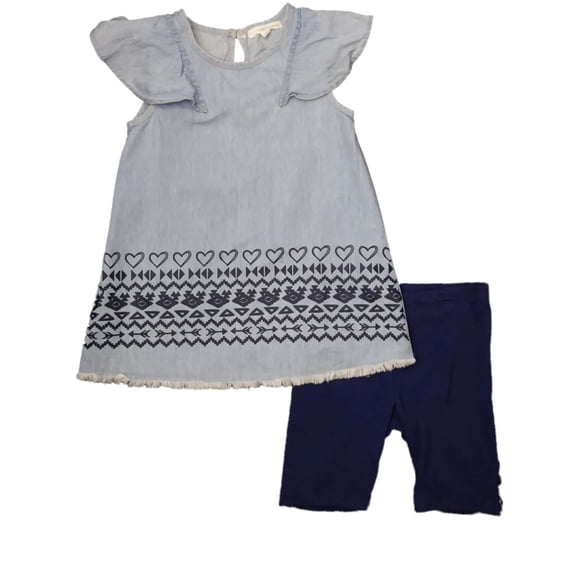 Girls Blue Denim Heart & Tribal Print Ruffle Sleeve Dress Navy Blue Short Outfit