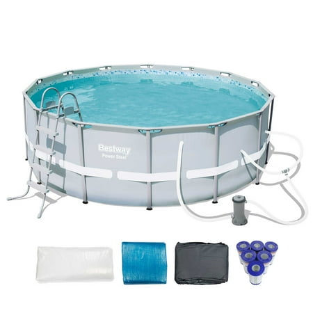 Bestway 14' x 48" Power Steel Frame Above Ground Pool Set + 6 Coleman Cartridges