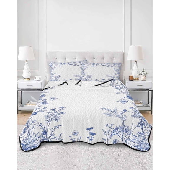 Quilts Full Size, Blue Spring Floral Soft Comforter Bedding Set for Bed, Summer Flowers Botanical Lightweight Quilted Bedspread with Pillow Cover(2 Pieces) for All Season, 78x90 Inch