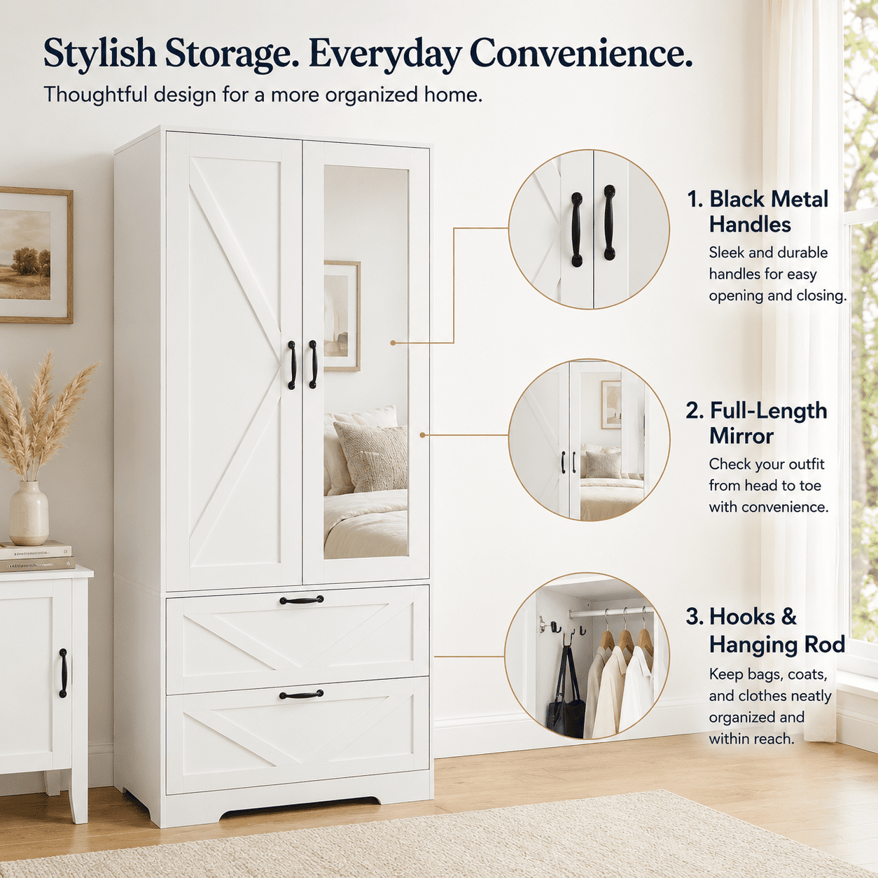 Aukfa 2-Door Wardrobe Armoire with Mirror & Built-In Induction Light, Bedroom Wood Closet with Hanging Rod & 2 Drawers,White