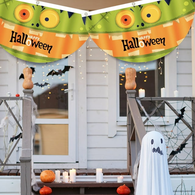 Qwtwty Décoration Maison Halloween Drapeau Décoratif en Forme d'Éventail Polyester Impression Drapeau Suspendu Fête de Vacances Rassemblement Accessoires de Jardin