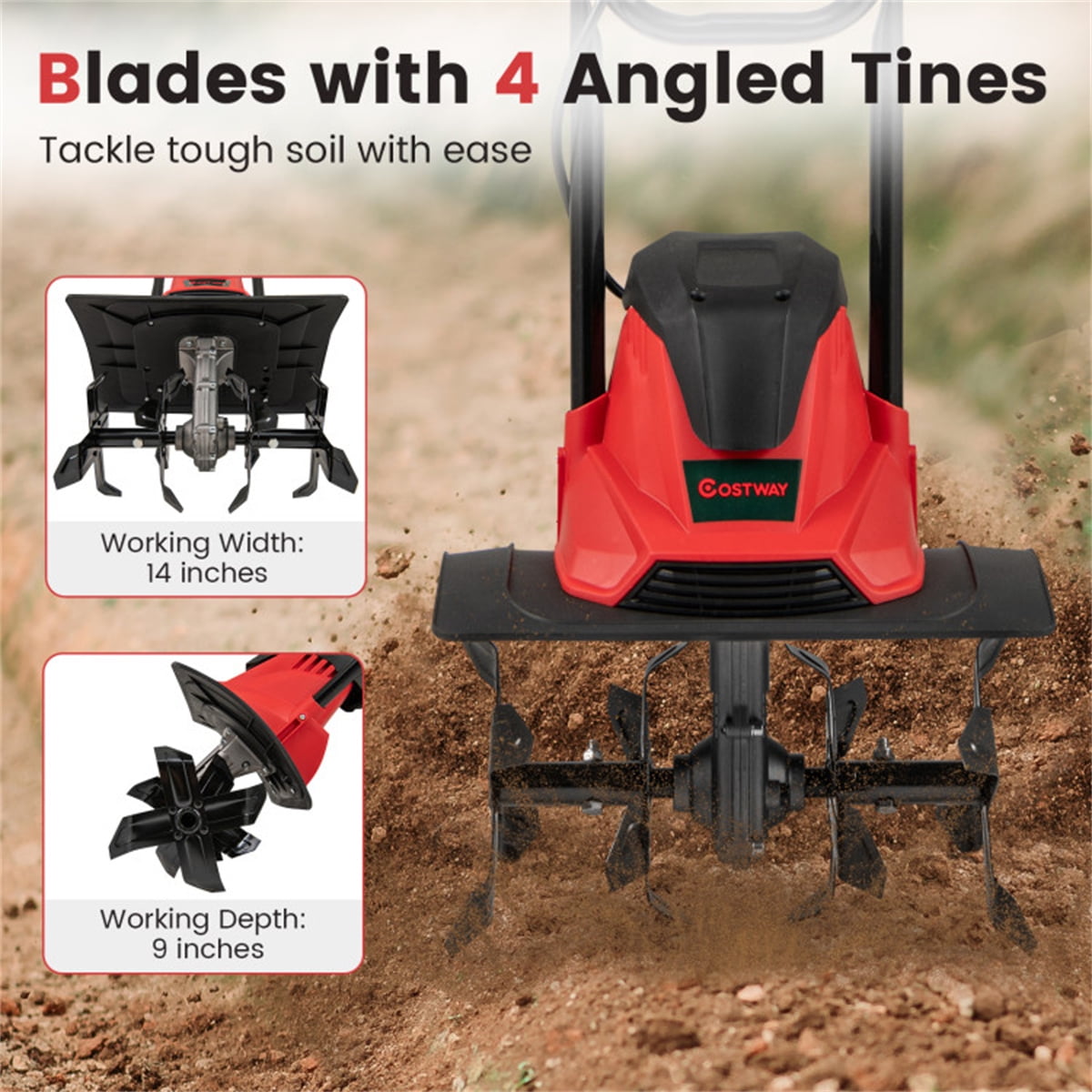 10 Amp Electric Tiller - 1200W Garden Cultivator with 4 Blades 14" Working Width & 9" Depth 380 RPM Foldable Handle & Safety Switch Corded Soil Tiller for Home Gardening