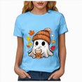 thumbnail image 6 of TOWED22 Women Cute Bow Ghost Halloween Shirt Funny Halloween Costume Tshirts Short Sleeve Spooky Graphic Tee Tops(Sky Blue,L), 6 of 8