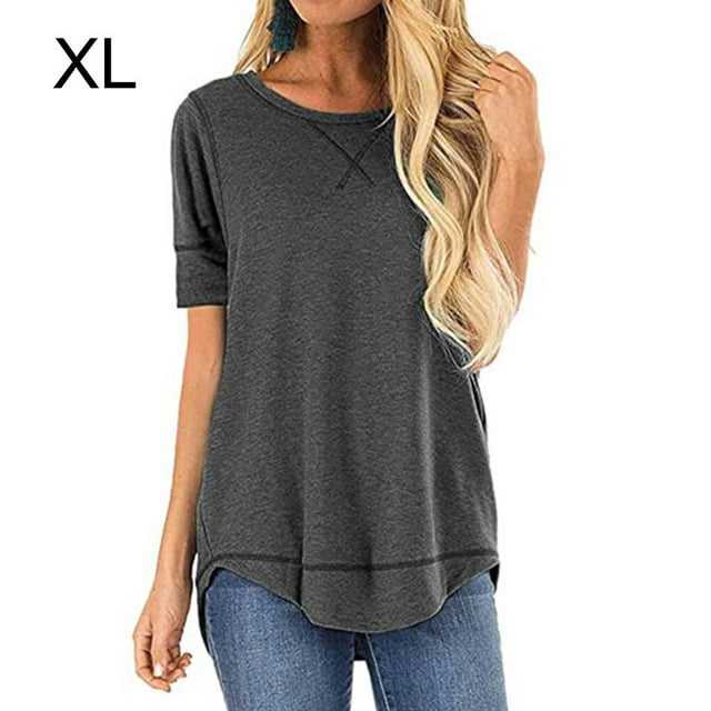 stanreset Women T-shirt Solid Color Stitching Top Asymmetrical Hem Blouse, Gray, XL