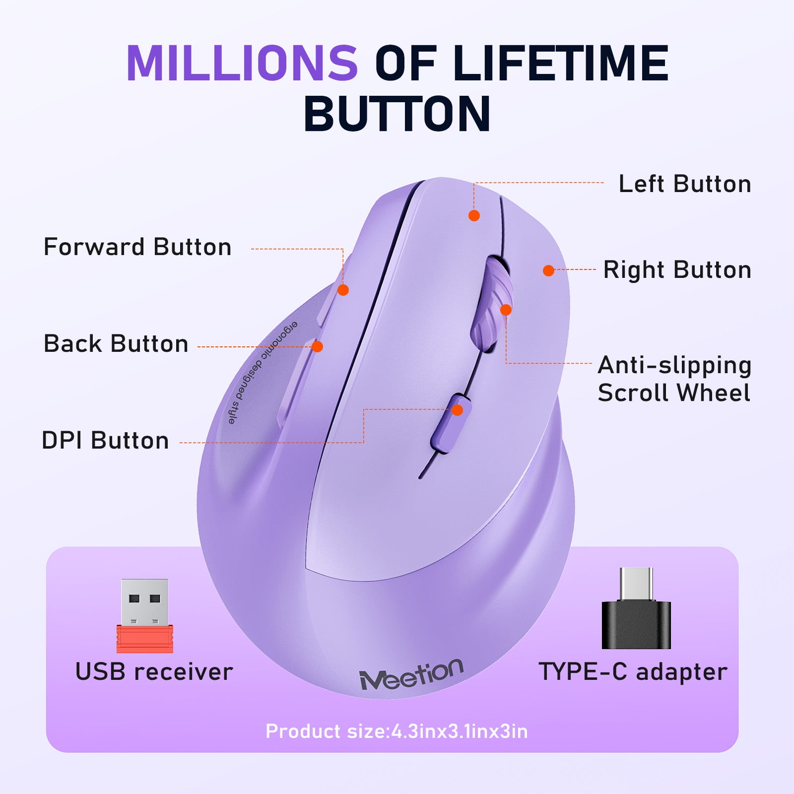 Meetion Purple Vertical Ergonomic Mouse, Bluetooth 2.4G, Rechargeable, Large Comfort Grip