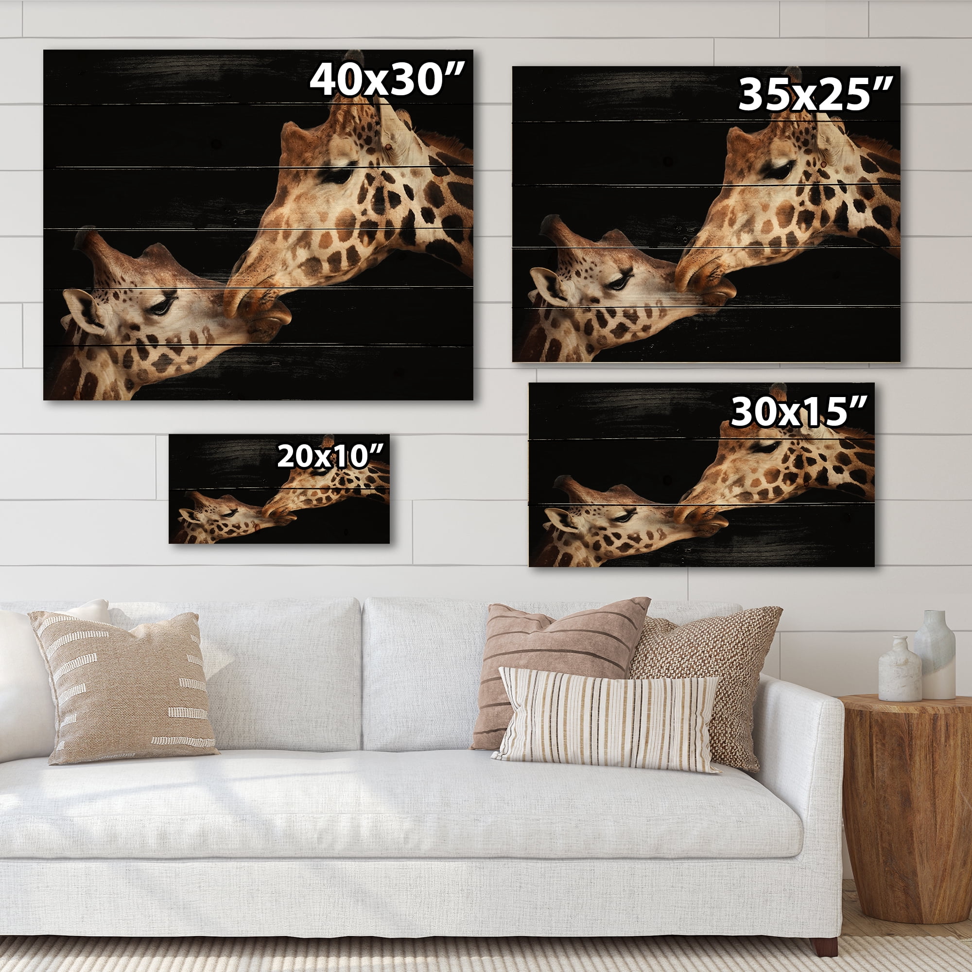 Designart 'Close UP Of Two Giraffes Kissing II' Farmhouse Print on Natural Pine Wood