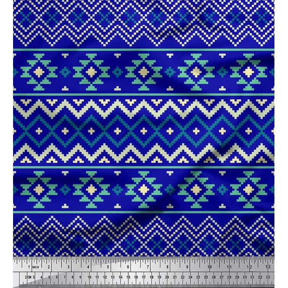 Soimoi Blue Heavy Satin Fabric Geometric Ikat Print Sewing Fabric Yard 54 Inch Wide