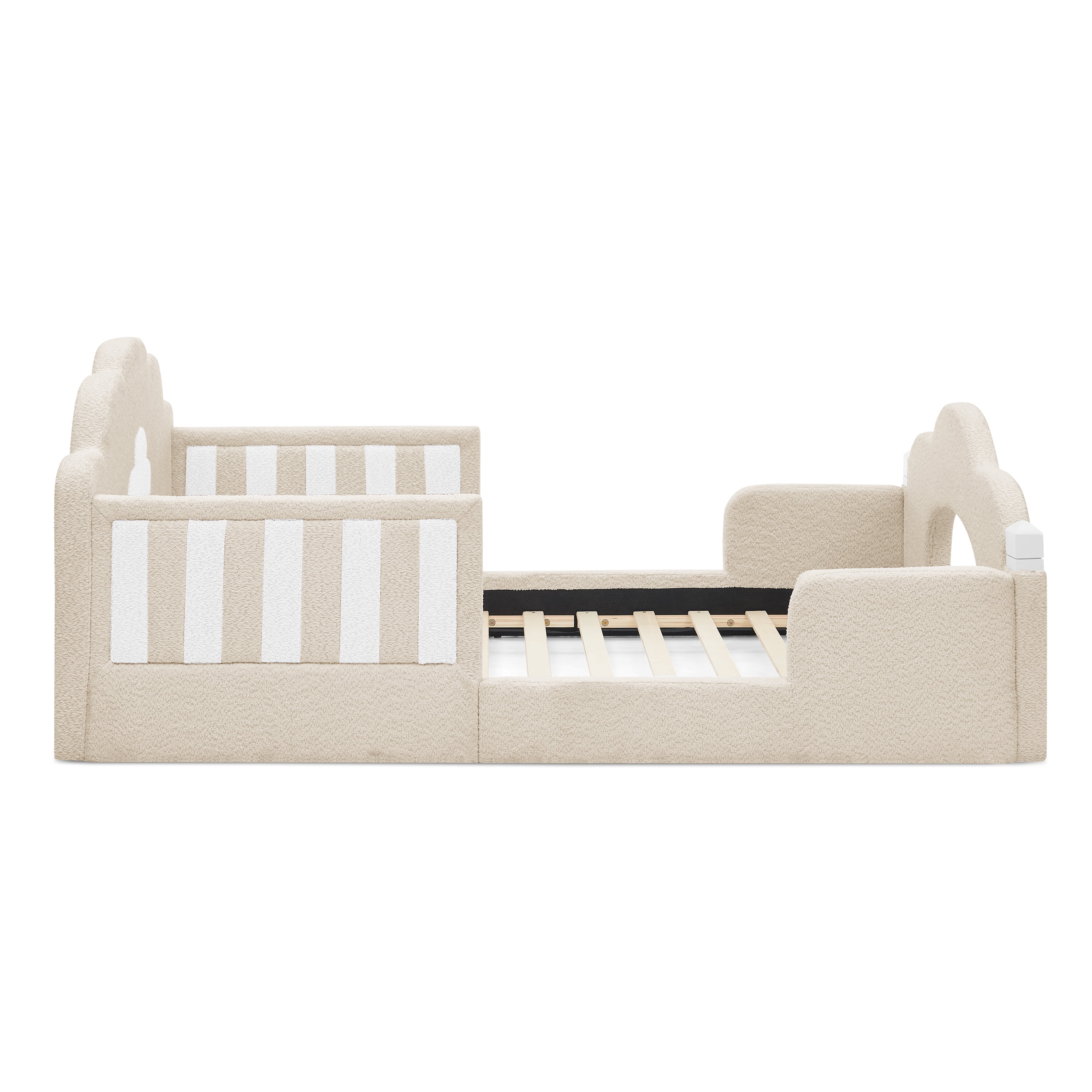 Wakefit Twin Size Kids Cloud Bed with Safety Guardrails,Boucle Upholstered Platform Bed Frame with Wood Slats,Cute Daybed for Girls Boys Bedroom,Camel