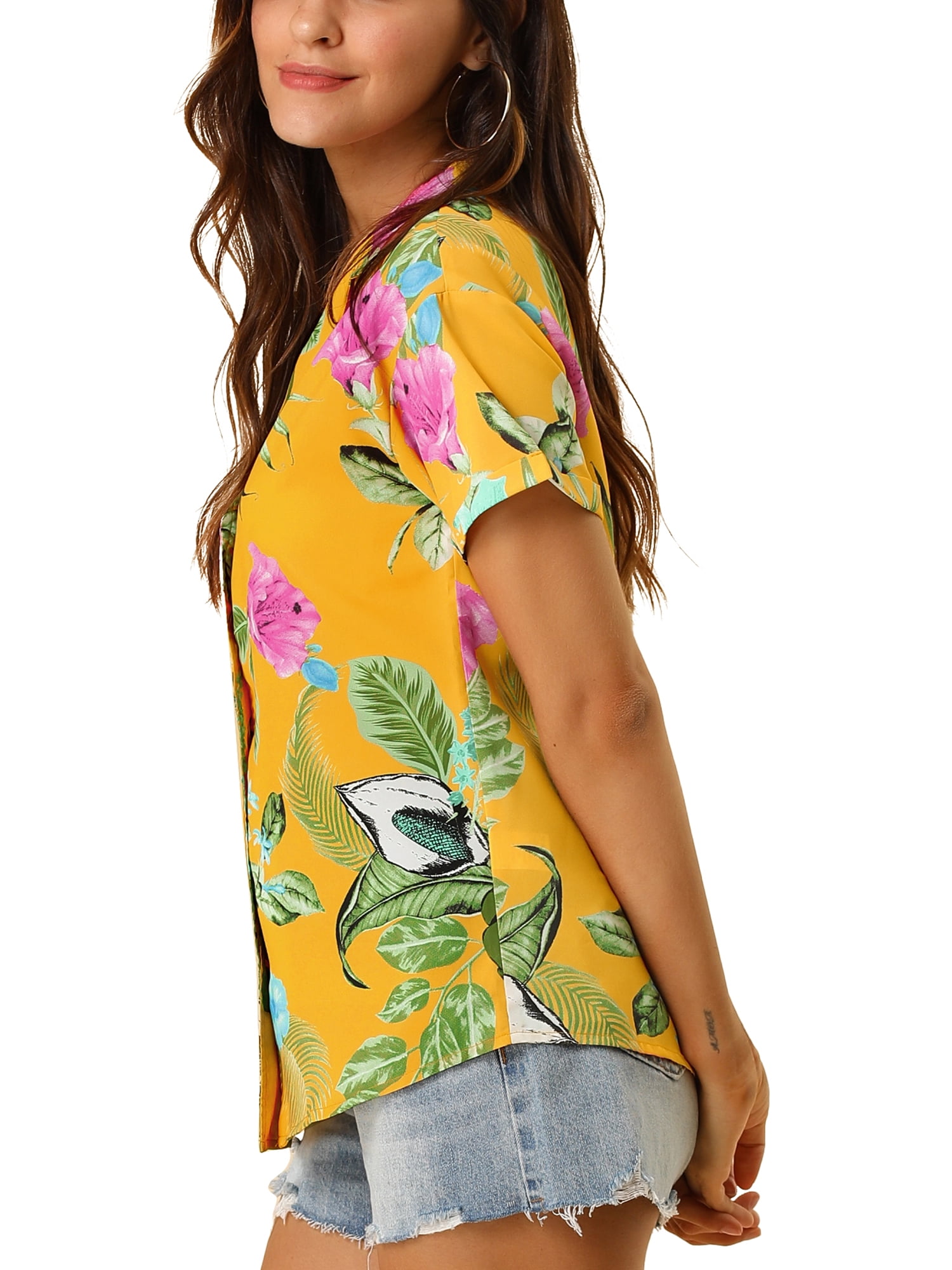 DARING DIVA Floral Leaves Print Short Sleeve Beach Top M Yellow