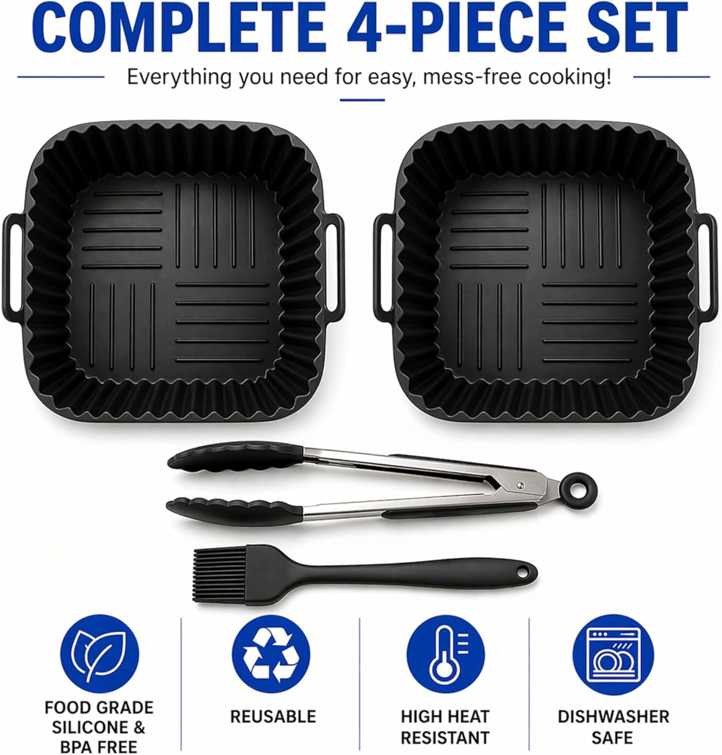 Air Fryer Silicone Liners 2 Pack for 4–7QT Square Basket – Reusable Nonstick Food-Grade Silicone Air Fryer Basket Liners – Dishwasher Safe, Includes Tongs & Basting Brush