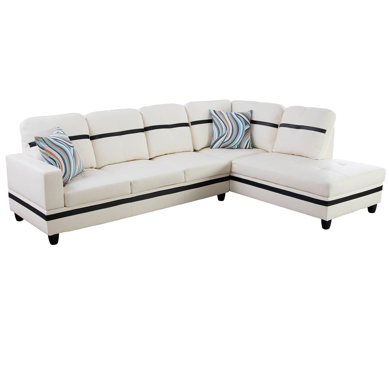 Hommoo L Shaped Sectional Couches and Sofas, 4-Seat Semi Semi PU Synthetic Leather Sectional Sofa Sets with Waistline, Modern Living Room Furniture Sets, White and Black(No Ottoman)