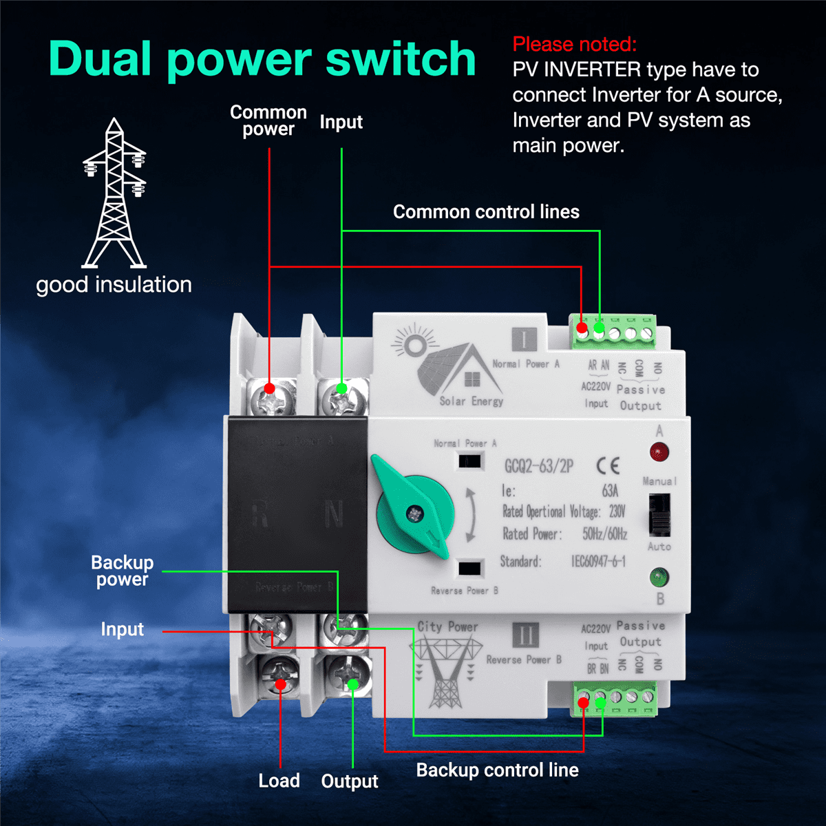 Photovoltaic Solar Power ATS Automatic Transfer Switch Din Rail 2P 63A AC220V ATS PV System Power to City Power,1 x Automatic Transfer Switch,White & Black
