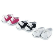 18 Inch Doll Clothes| Versatile Canvas Doll Sneakers Basics Value 3-Pack, Including Bright Pink, White and Black Tennis Shoes |Fits American Girl Dolls