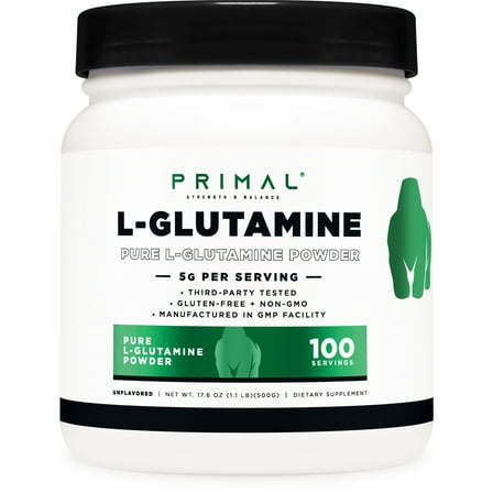 Primal L-Glutamine Powder (500 Grams, 100 Servings) | Pure Unflavored Glutamine Amino Acid for Sport & Workout Support and Performance - Gluten Free, Non-GMO Nutritional Supplement