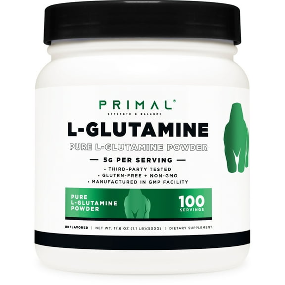 Primal L-Glutamine Powder (500 Grams, 100 Servings) | Pure Unflavored Glutamine Amino Acid for Sport & Workout Support and Performance - Gluten Free, Non-GMO Nutritional Supplement