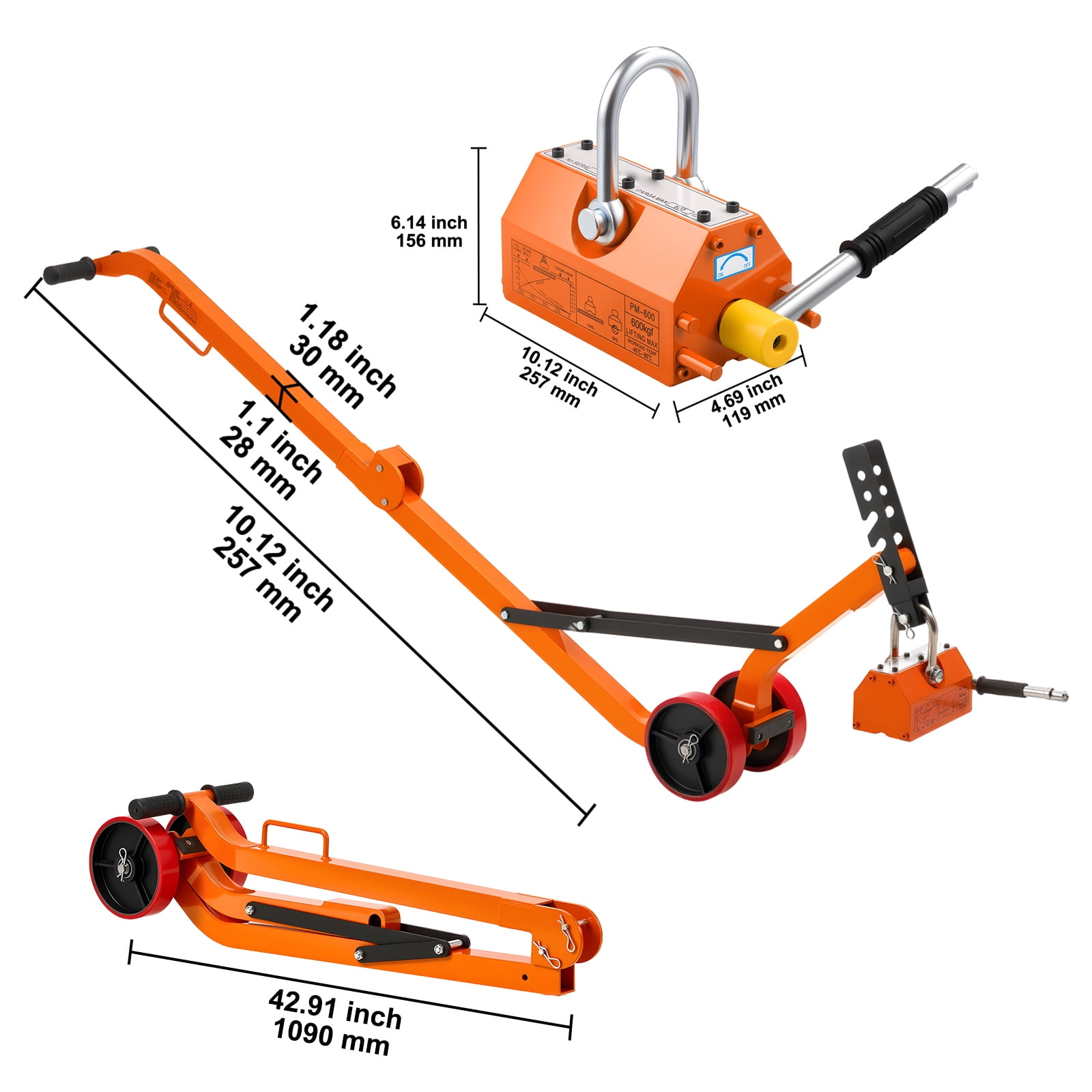 KFFKFF Magnetic Lid Lifter Dolly with 1320 lbs Pulling Capacity, Steel Construction, Durable Magnet Lift, Two Wheels, Adjustable Handle, N42 Neodymium, Foldable Design for Easy Transport