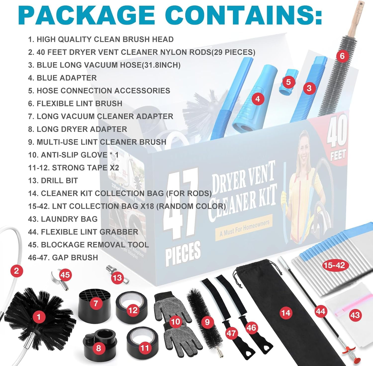 WarmHaven 47-Pieces 40-Feet Dryer Vent Cleaner Kit, Dryer Cleaning Tools, Include Omnidirectional Blue Dryer Lint Vacuum Attachment, Dryer Vent Brush, Universal Vacuum & Dryer Adapters