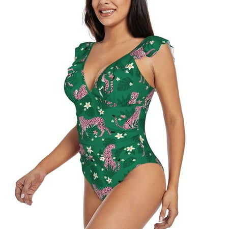 Salouo Tropical Leopard for Women s Sexy One Piece Swimsuits Ruffle Tummy Control Bathing Suit Slimming Swimwear