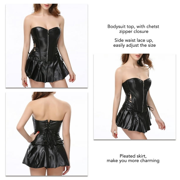 Womens Strapless Faux Leather Zipper Closure Waist Lace Up Pleated