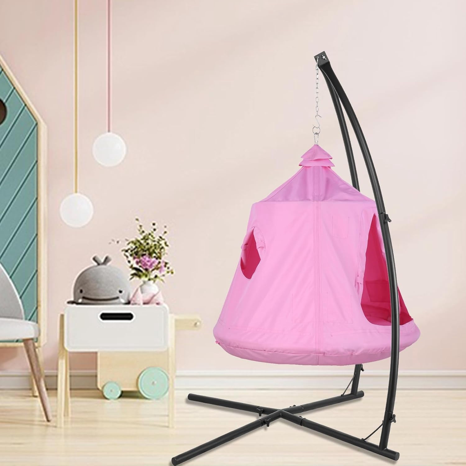 Arlopu X-Shaped Hammock Chair Stand with Swing Chair, Hanging Tree Tent with Steel Stand Combo Set, Play House Swing Tent with Steel Frame, LED Light Strip, 330lbs Weight Capacity
