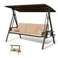 thumbnail image 2 of Yoleny Balançoire de Porche pour Patio Extérieur, Édition Prolongée à 3 Places, Auvent Rigide Rotatif, Chaise Balançoire avec Dossier Réglable pour Cour et Pelouse, Beige, 2 of 8