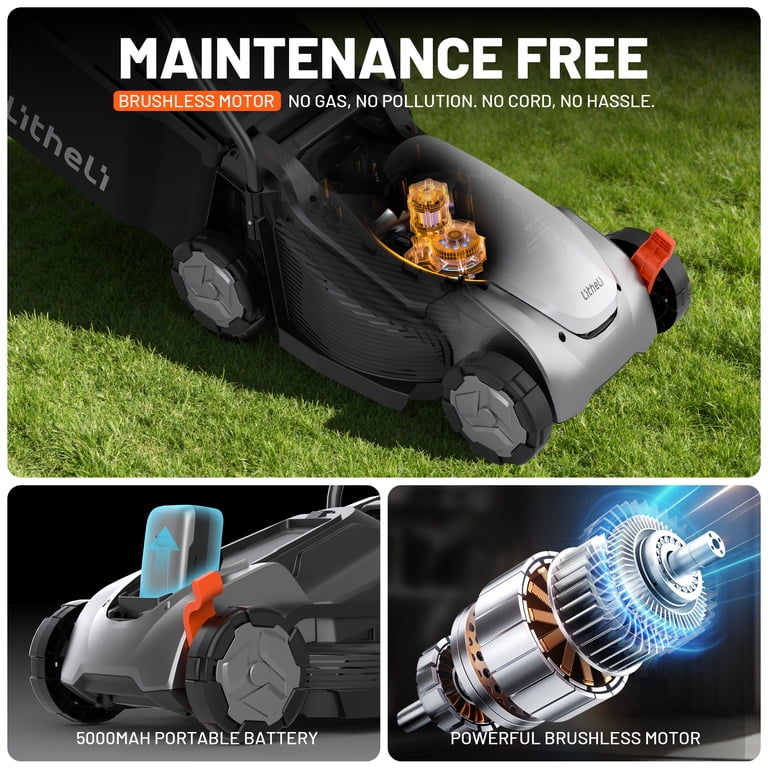 Litheli, Lawn Mower, 20V, 13-Inch, Brushless Motor, Black