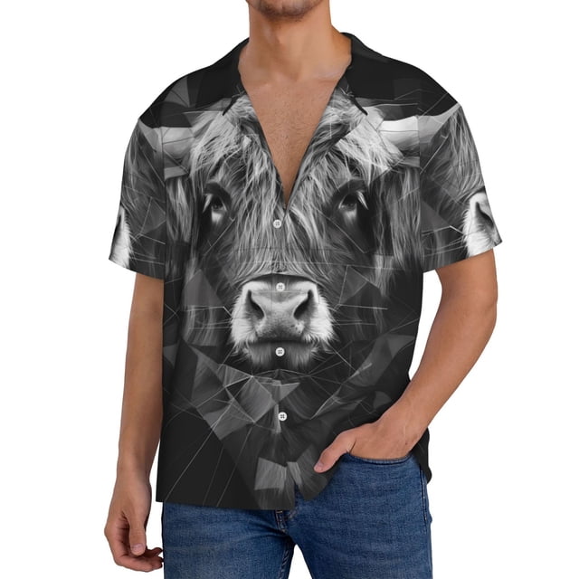 Balery Geometric Bull Design Camisa Casual de Manga Corta con Botones para Hombre, Texturizada, Estilo Cubano, para Playa, Verano-4X-Large