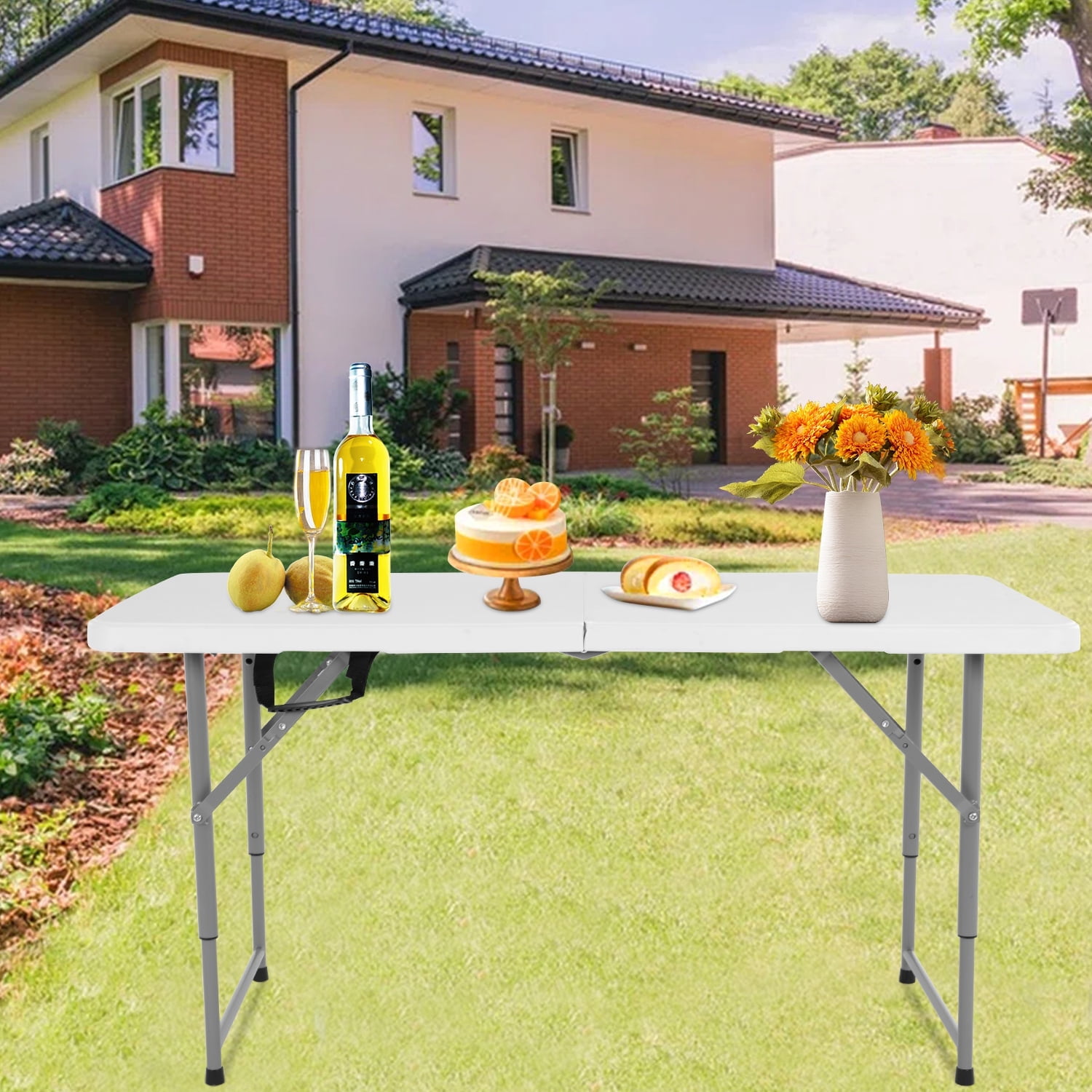 NiamVelo 4 ft Folding Table Plastic Portable Tables w/Handle, Adjustable Height Camping Table for Home Office Party Picnic, White