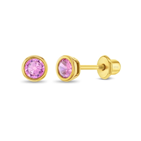 Bezel CZ Pink Toddler / Kids Earrings Screw Back - Sterling Silver Gold Plated