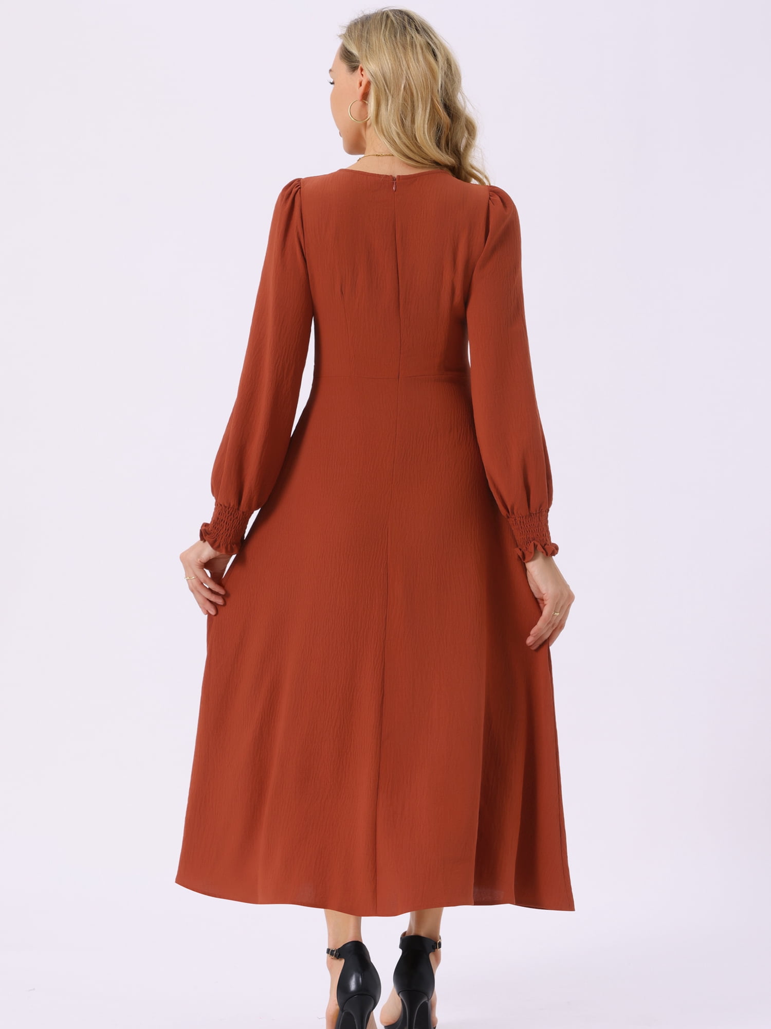 DARING DIVA Frilled Crewneck Long Sleeve Midi Fall Dress M Caramel