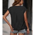 thumbnail image 3 of Camisa de gasa para mujer, cuello en V, manga corta de murciélago, botón frontal de metal, patrón liso, blusa de gasa informal, Top negro M, 3 of 7
