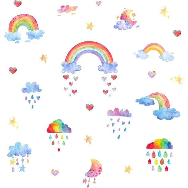 2 pegatinas de pared de arcoíris con diseño de nubes y dibujos del clima, pegatinas de pared de acuarela, estrellas, lunas, corazones y lluvias, vinilos para decorar habitaciones de niñas.
