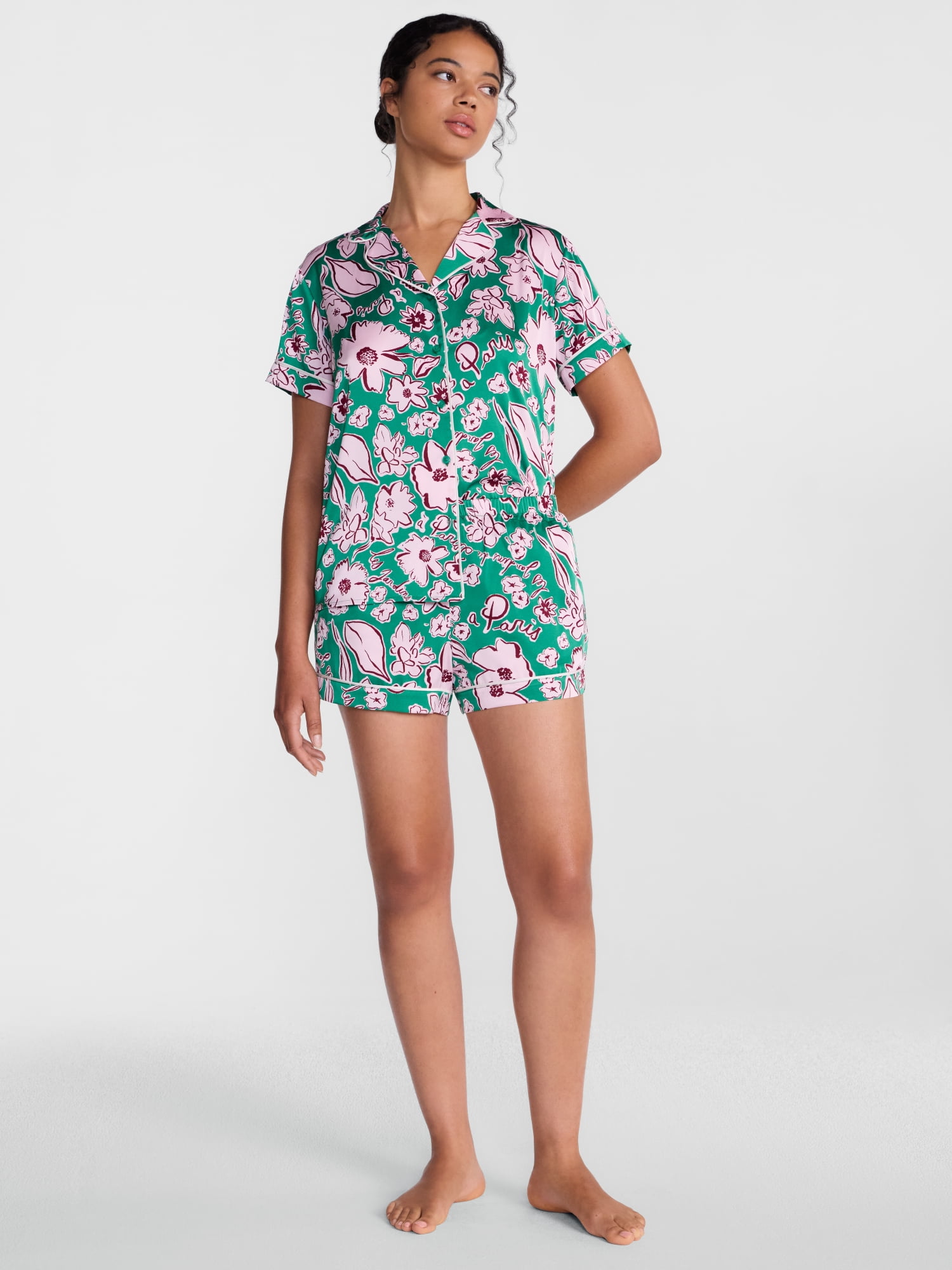 Joyspun Women’s Stretch Satin Sleep Top and Shorts, 2-Piece Set, Sizes XS to 3X