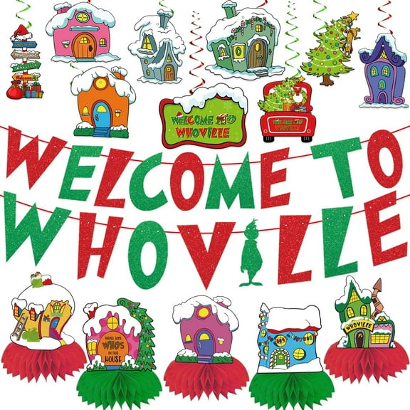 15pcs Christmas Decorations Banner Set Include Merry Christmas Banner, Hanging Swirls, Honeycomb Centerpieces for Xmas Party Decor