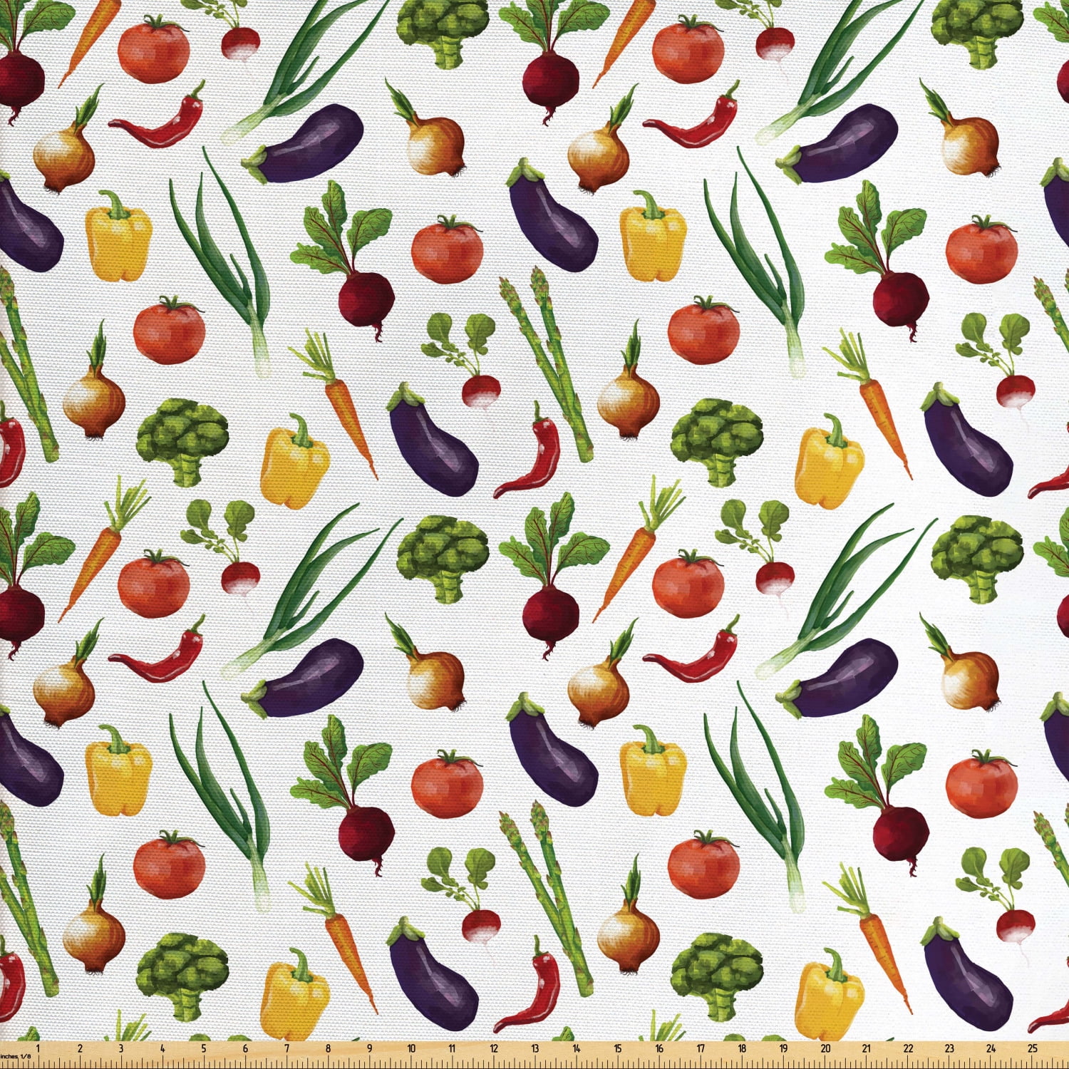 Vegetable Art Fabric by The Yard, Watercolor Style Food Spring Onions Eggplant and Radish