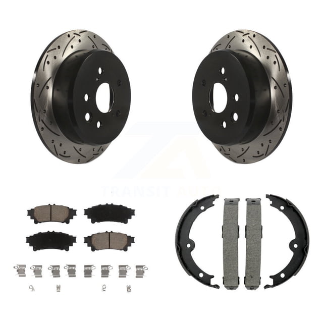 Transit Auto Rear Disc Drilled & Slotted Rotors Ceramic Pads and Parking Brake Shoes Kit for Car Lexus IS250 KDC-101317