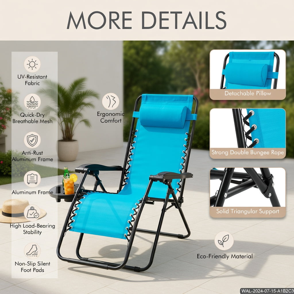Hommoo Zero Gravity Folding Lounge Chair for Outdoor & Indoor Use, Heavy-Duty Steel Frame, Compact Foldable Design with Cup Holder & Adjustable Recline, Light Blue