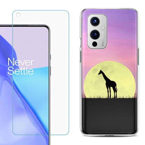 Slim-Fit TPU Phone Case Compatible with OnePlus 9 5G, with Tempered Glass Screen Protector, by OneToughShield ® - Moonlight Giraffe