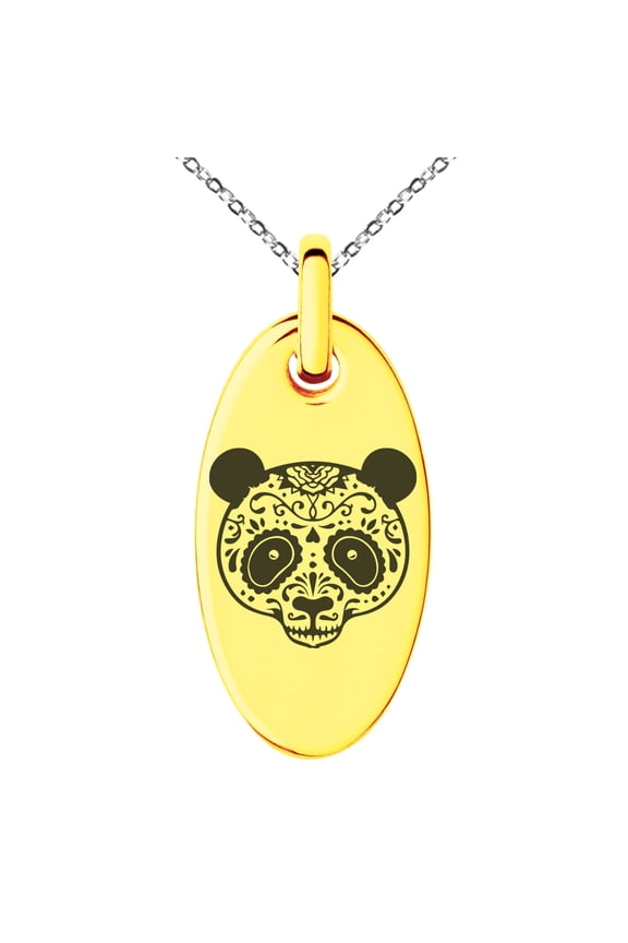 Stainless Steel Day of the Dead Sugar Skull Panda Engraved Small Oval Charm Pendant Necklace