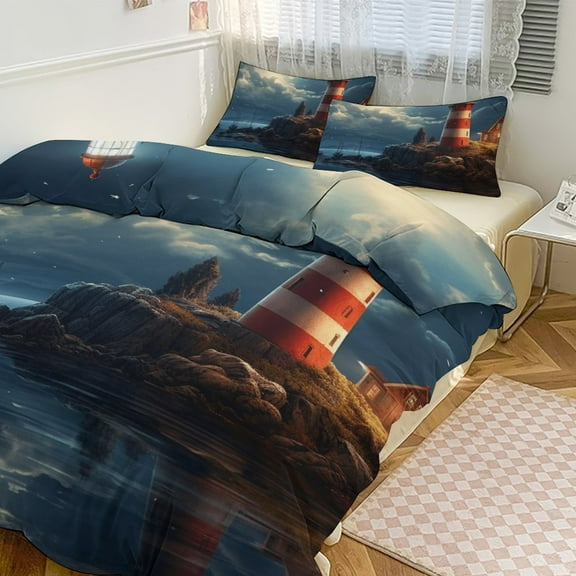 3PCS Ocean Lighthouse Duvet Cover Set Twin, 1 Duvet Cover And 2 Pillowcase, Duvet Cover for Kids Girls Boys And Teens