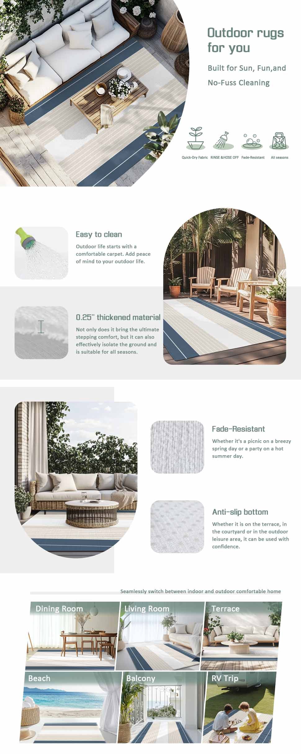 Haze Blue Beige Stripe Outdoor Rug 6x9 Ft - Reversible Patio Rug Outdoor Camping Rugs, Modern Art Horizontal Striped Washable Indoor Outdoor Area Rugs, Non-Slip Outdoor Carpet Runner for Deck/Porch
