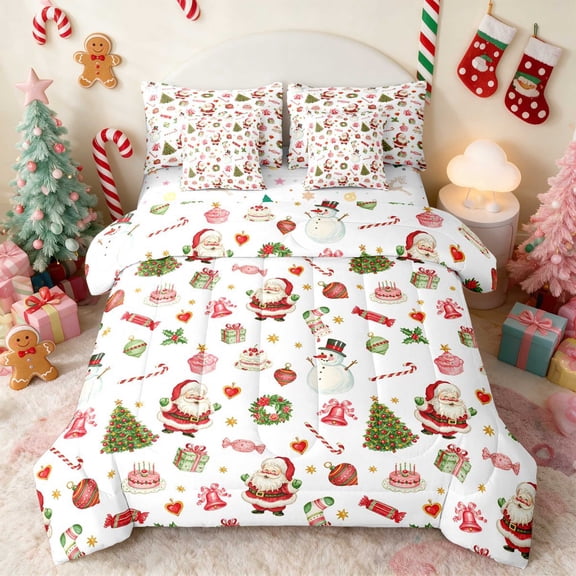 Manfei Santa Twin Bedding 7pcs Holiday Bedding Comforter Set, Purple Pink, Xmas Reversible