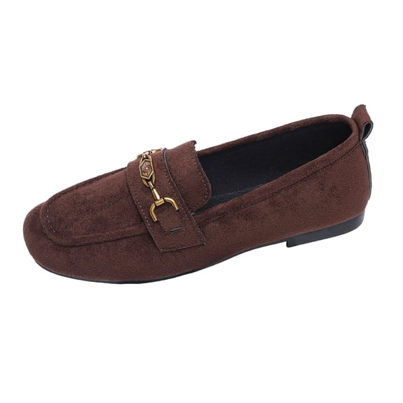 YLYL Womens Suede Loafers Vintage Metal Buckle Square Toe Slip on Comfortable Casual Office Work Flat Shoes