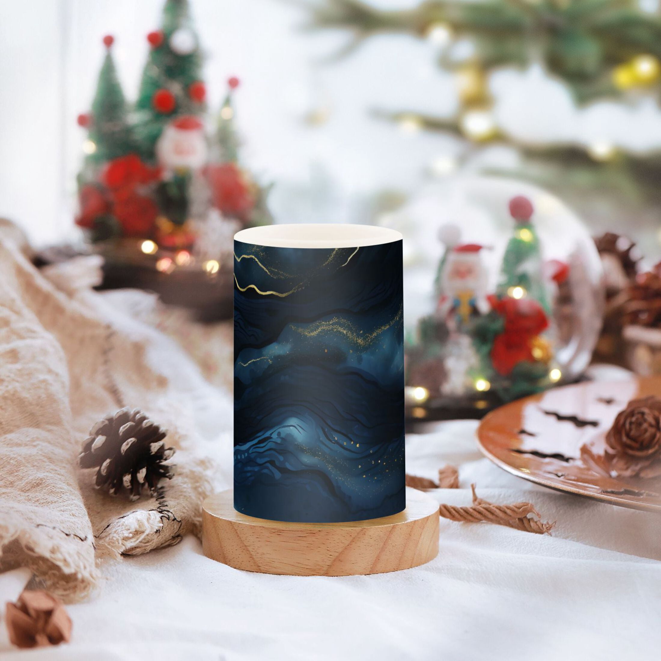 Navy Blue and Gold Marble Flameless Candles with Remote Timer LED Battery Operated Flickering Candle Light for Festival Wedding Home Party
