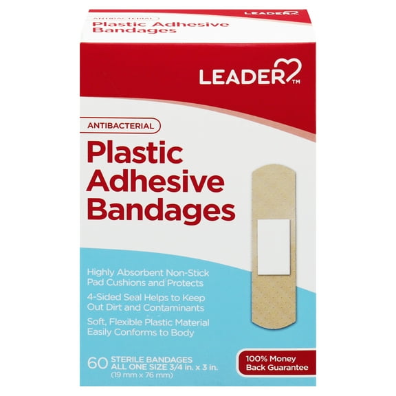 Leader Antibacterial Bandages, Plastic, 3/4inch, 60ct 096295123913A075